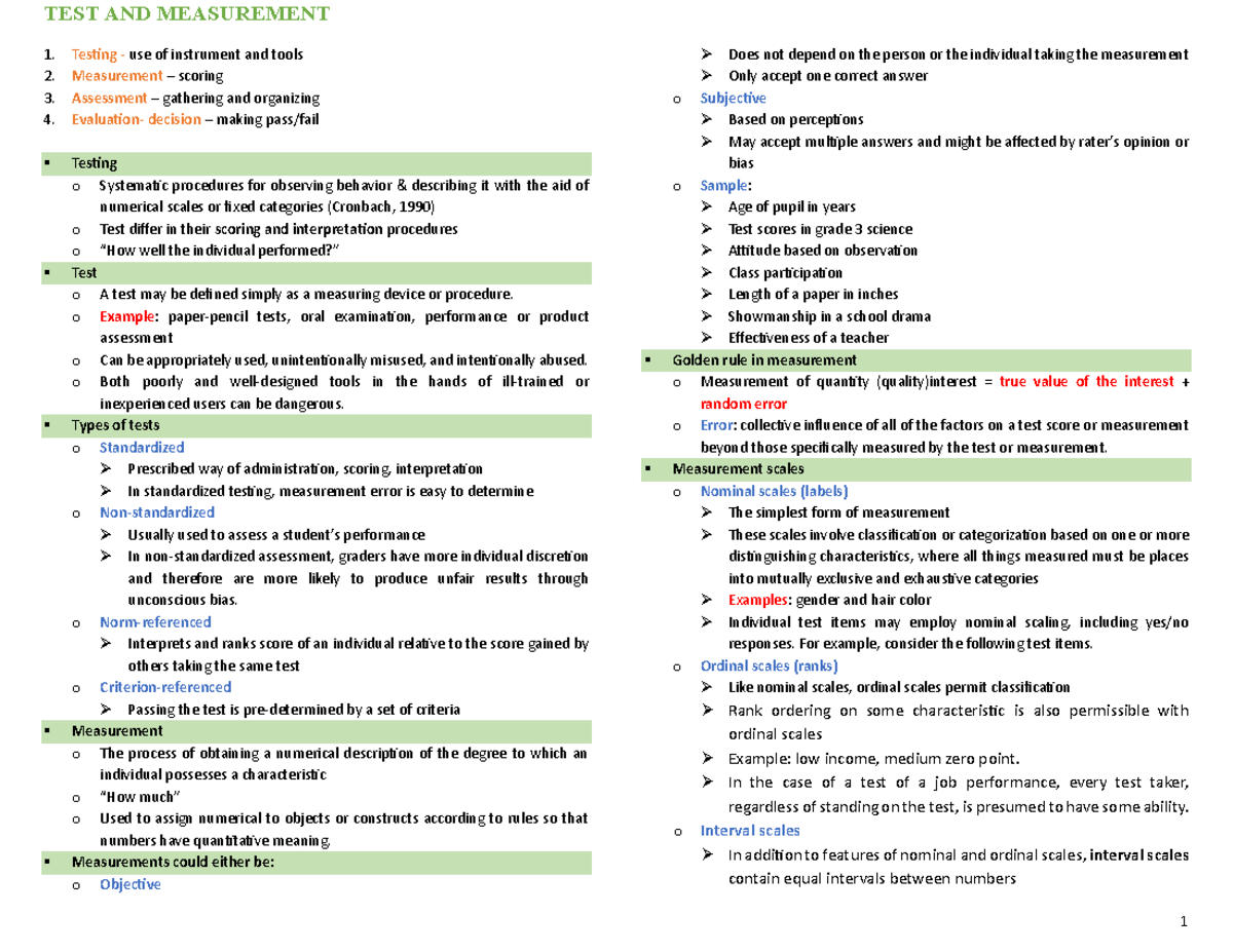 TEST AND Measurement - Prelim Reviewer - 1. Testing - use of instrument ...