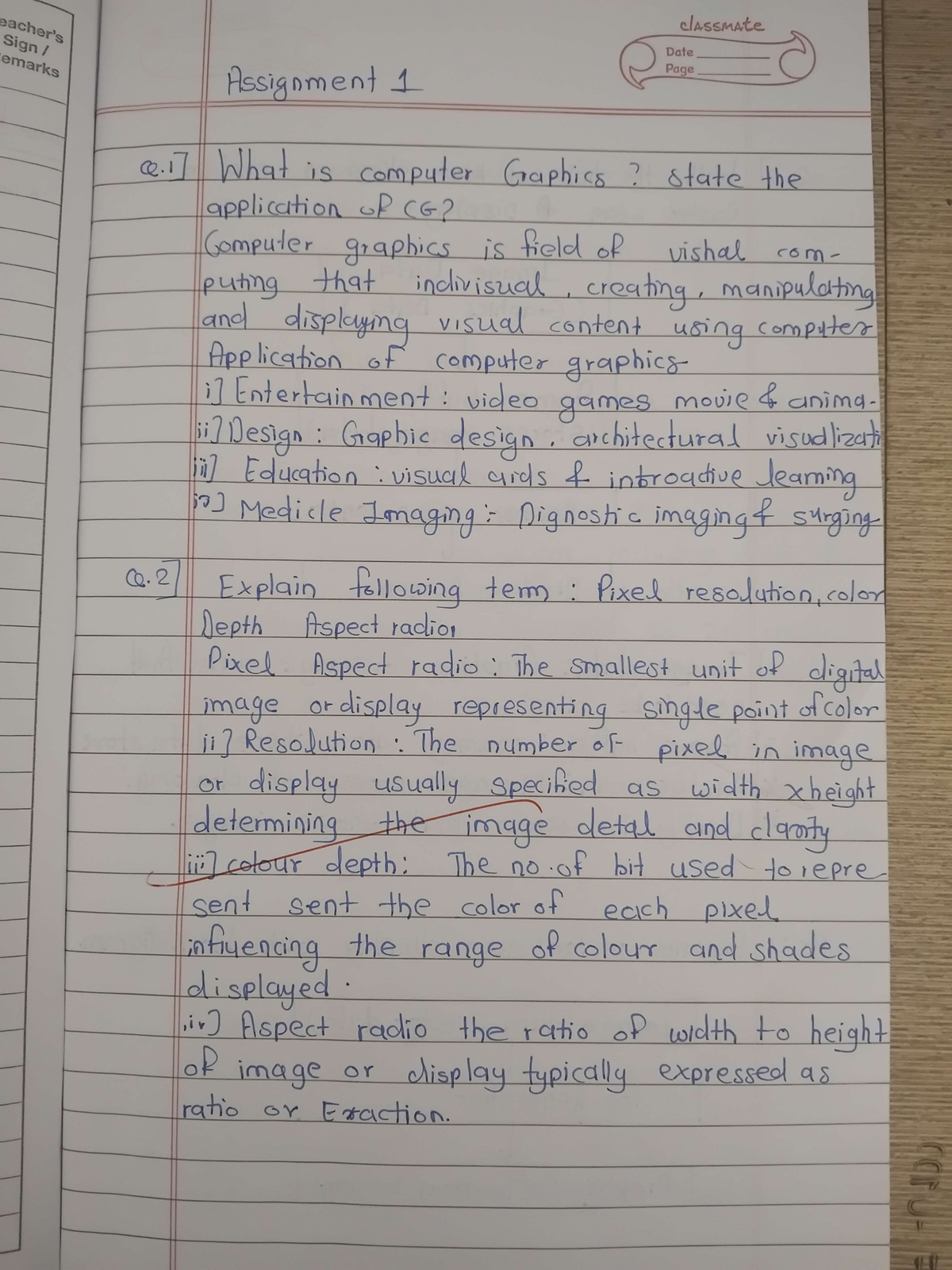 CG Assignment 1 - Computer Graphics Notes - classmate Date Assignment 1 ...