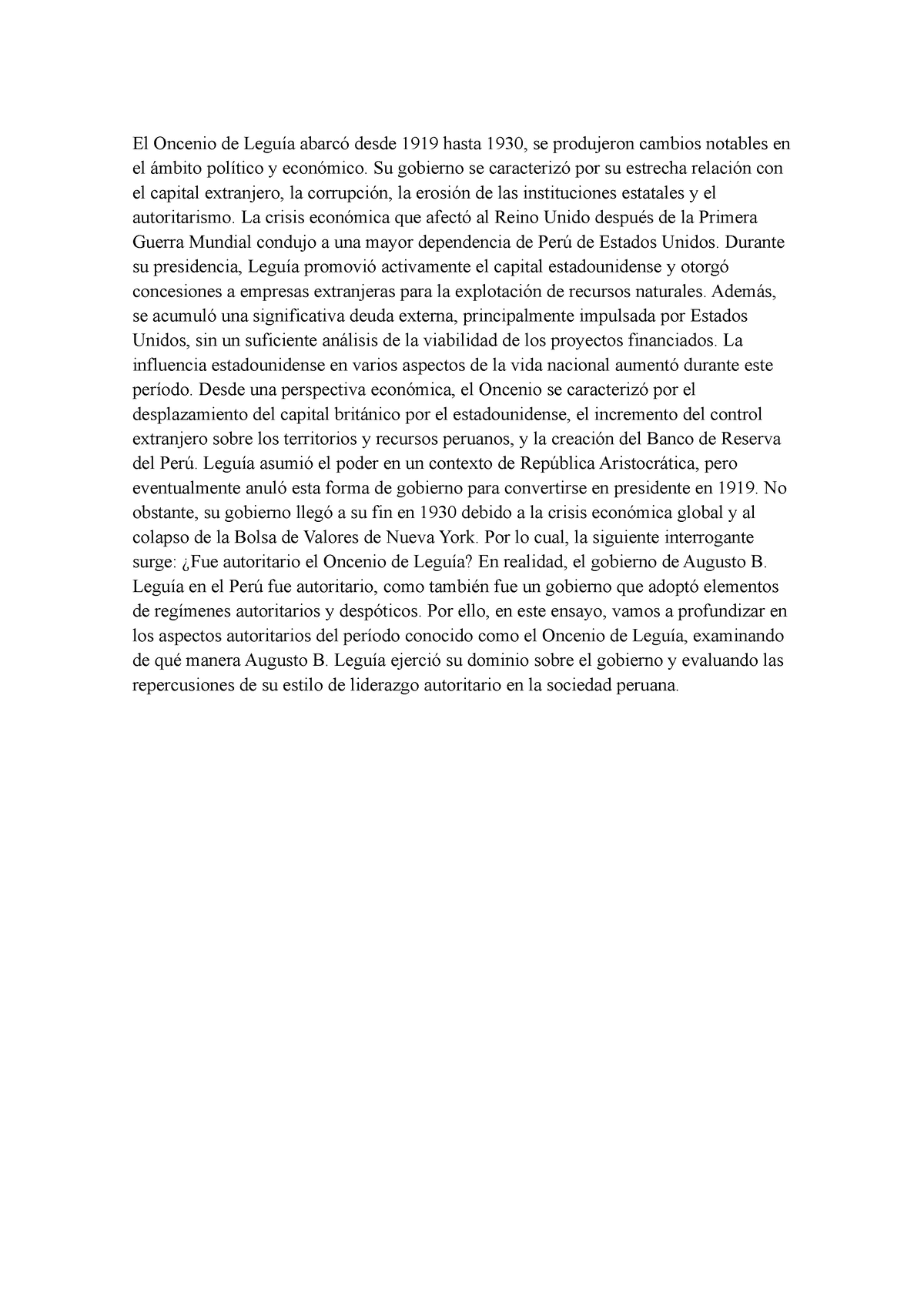 Ensayo - Oncenio DE Leguia - El Oncenio De Leguía Abarcó Desde 1919 ...