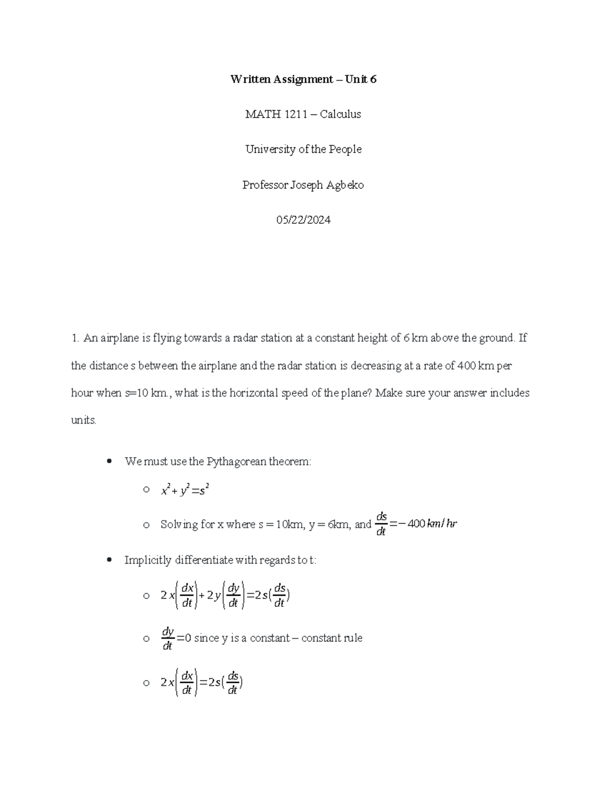 Written Assignment Unit 6 - Written Assignment – Unit 6 MATH 1211 ...