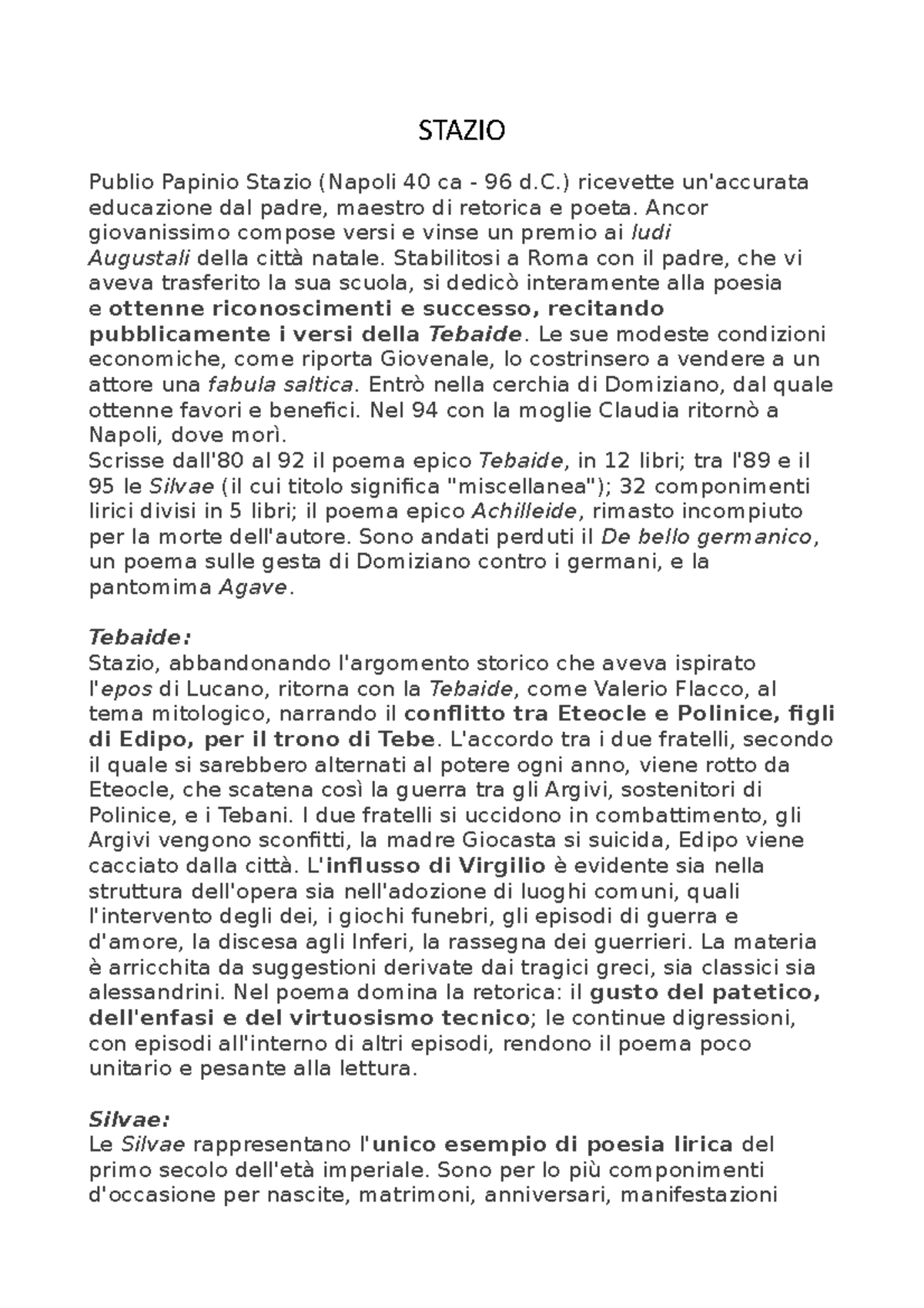 Stazio Riassunto della vita e delle opere del famoso autore latino