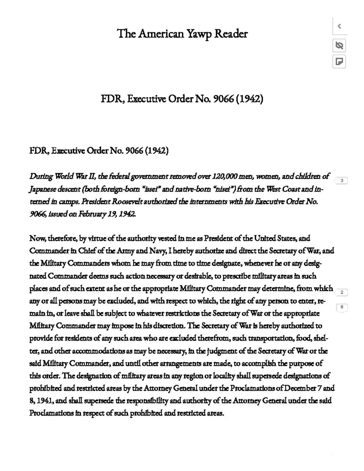 FDR, Executive Order No 9066 (1942) The American Yawp Reader FDR