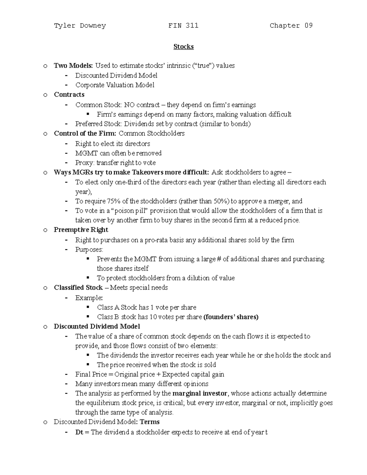Book Notes Chapter 09 - Professor: Alex Wilson - Tyler Downey FIN 311 ...