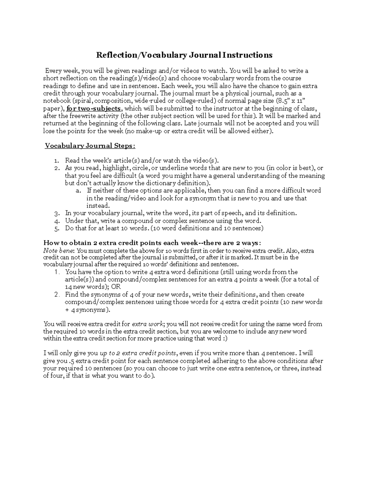 Eng 101 Reflection Vocabulary Journal Instructions - Reflection ...