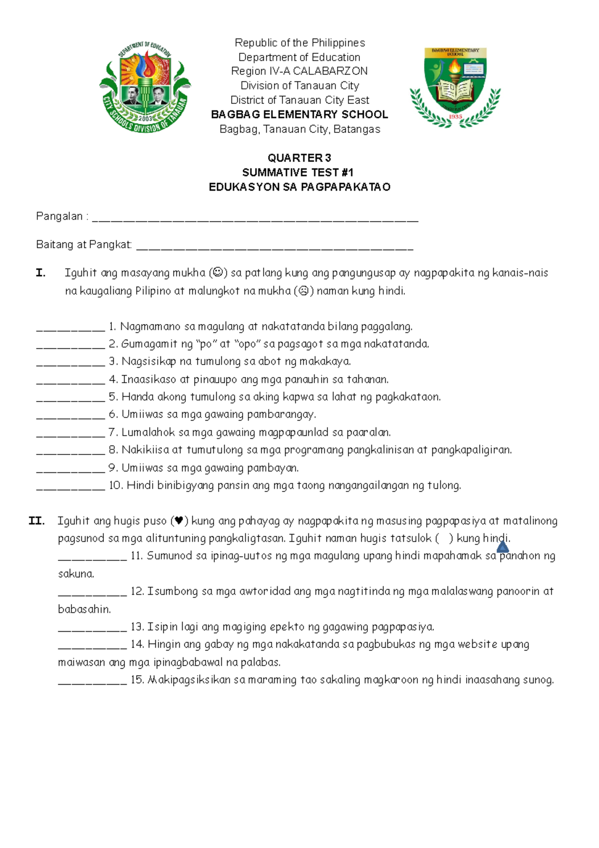 ESP summative Q3 1 - Republic of the Philippines Department of ...