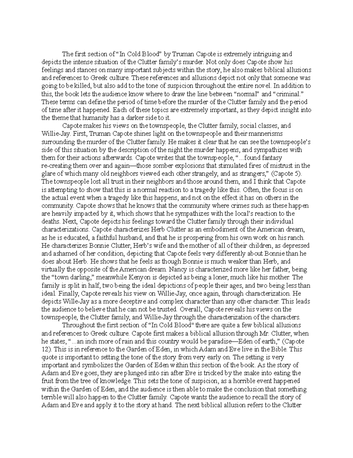 In Cold Blood response part 1 The first section of “In Cold Blood” by Truman Capote is