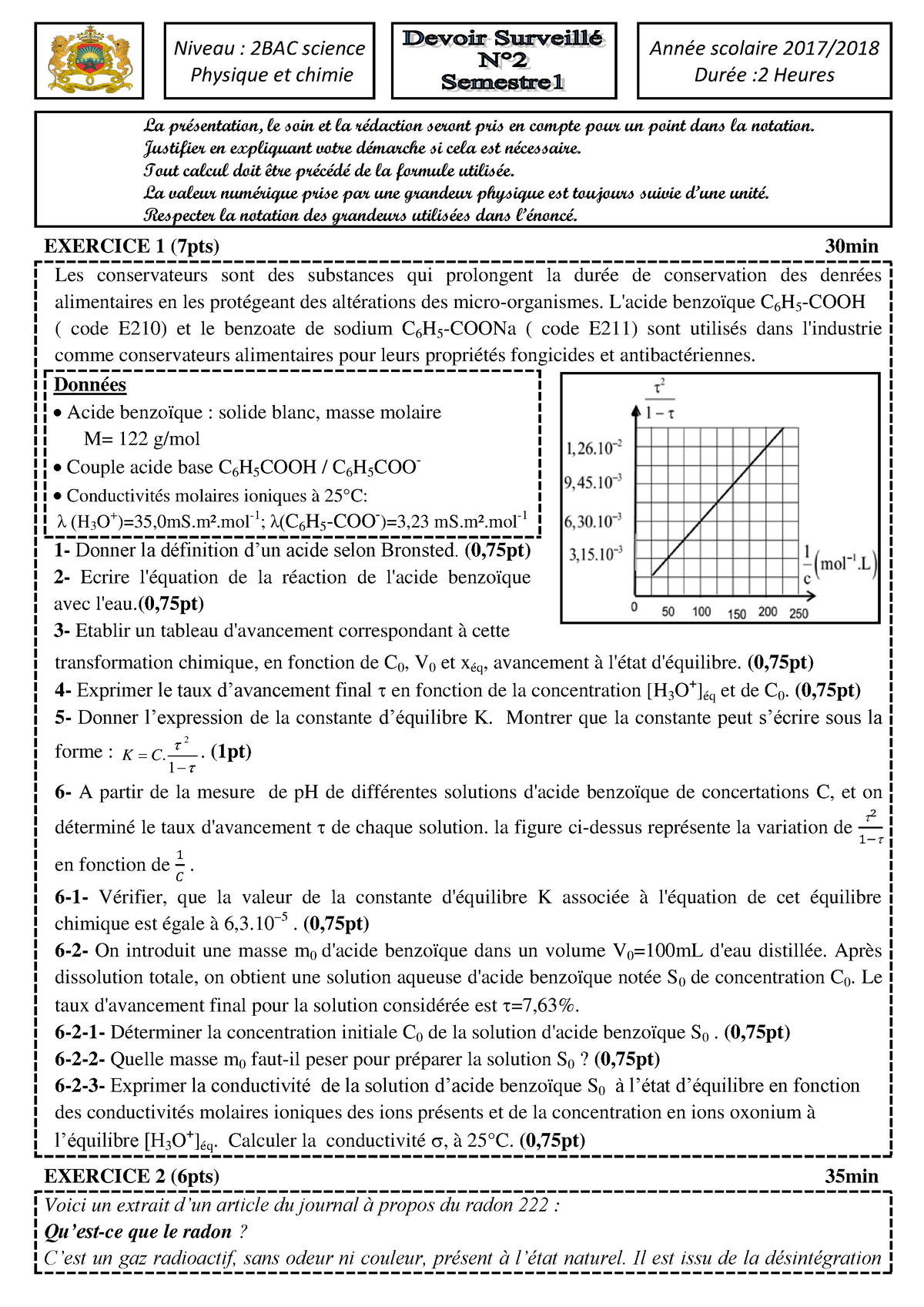 Devoir Surveill N2 Semestre 1 PC 1 - Niveau : 2BAC Science Physique Et ...