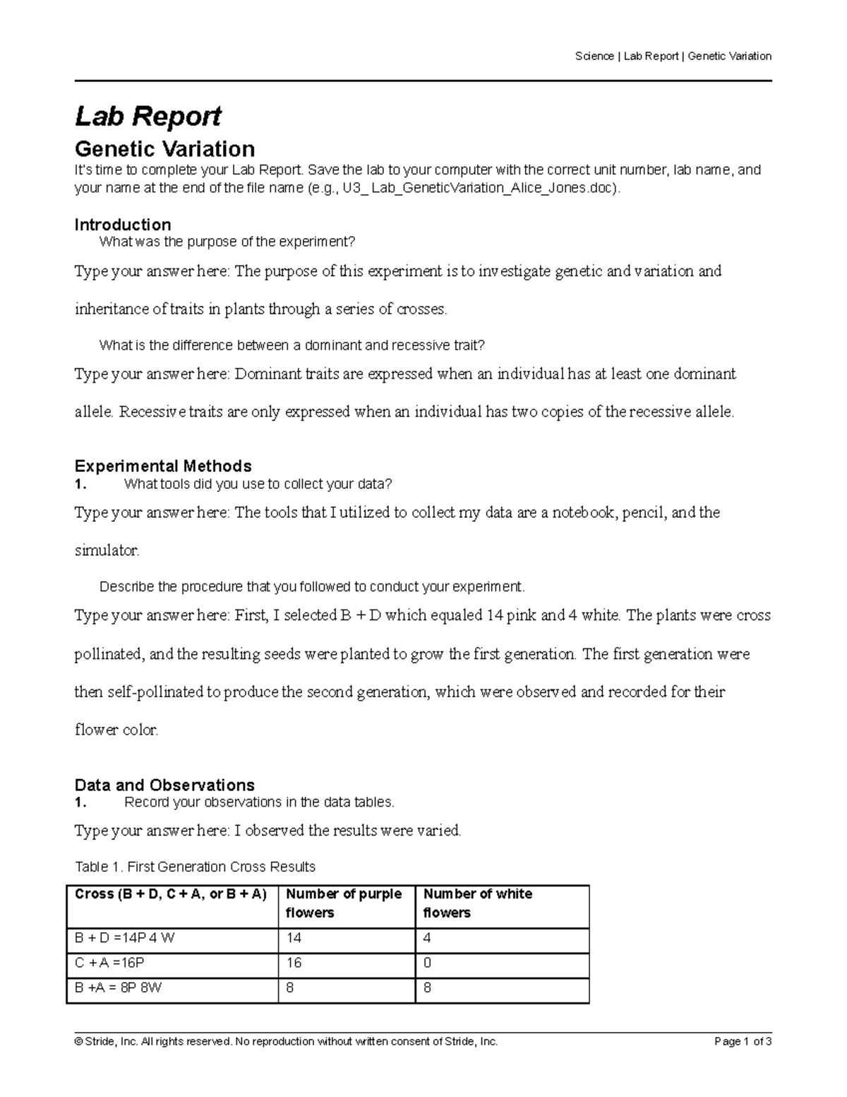 Lab Report Genetic Variation - Science 