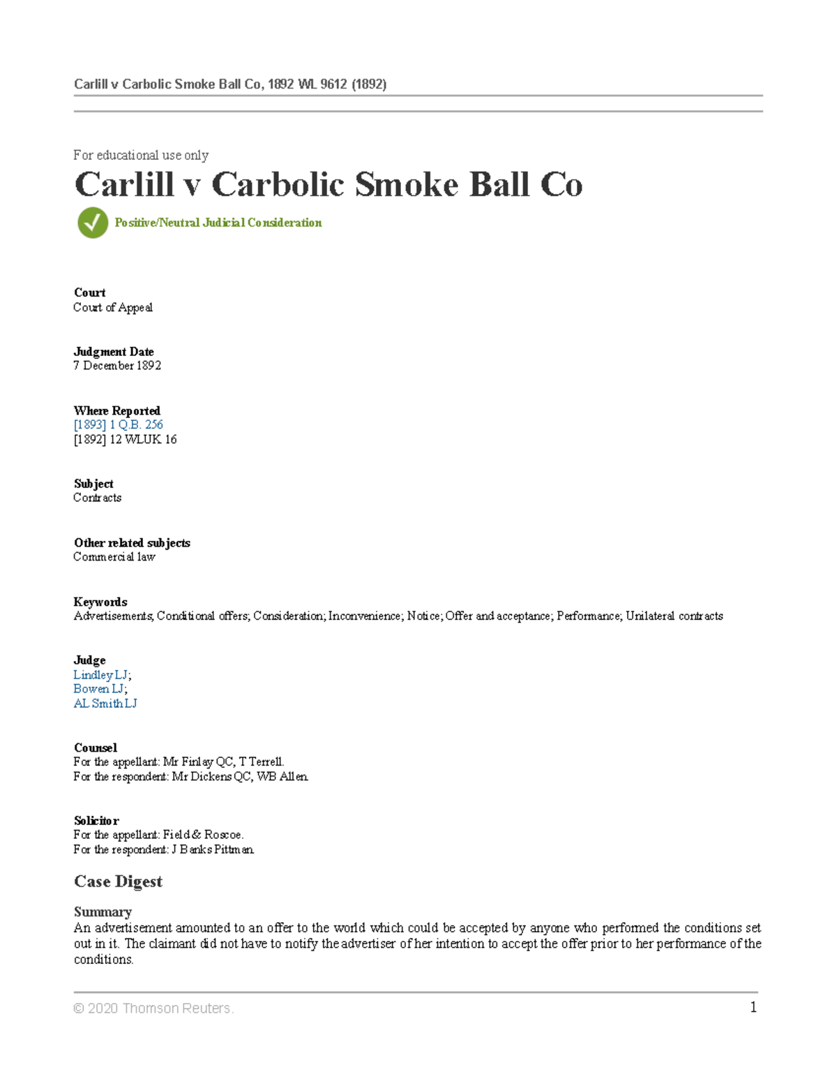 Carlill v Carbolic Smoke Ball Co - For educational use only Carlill v ...