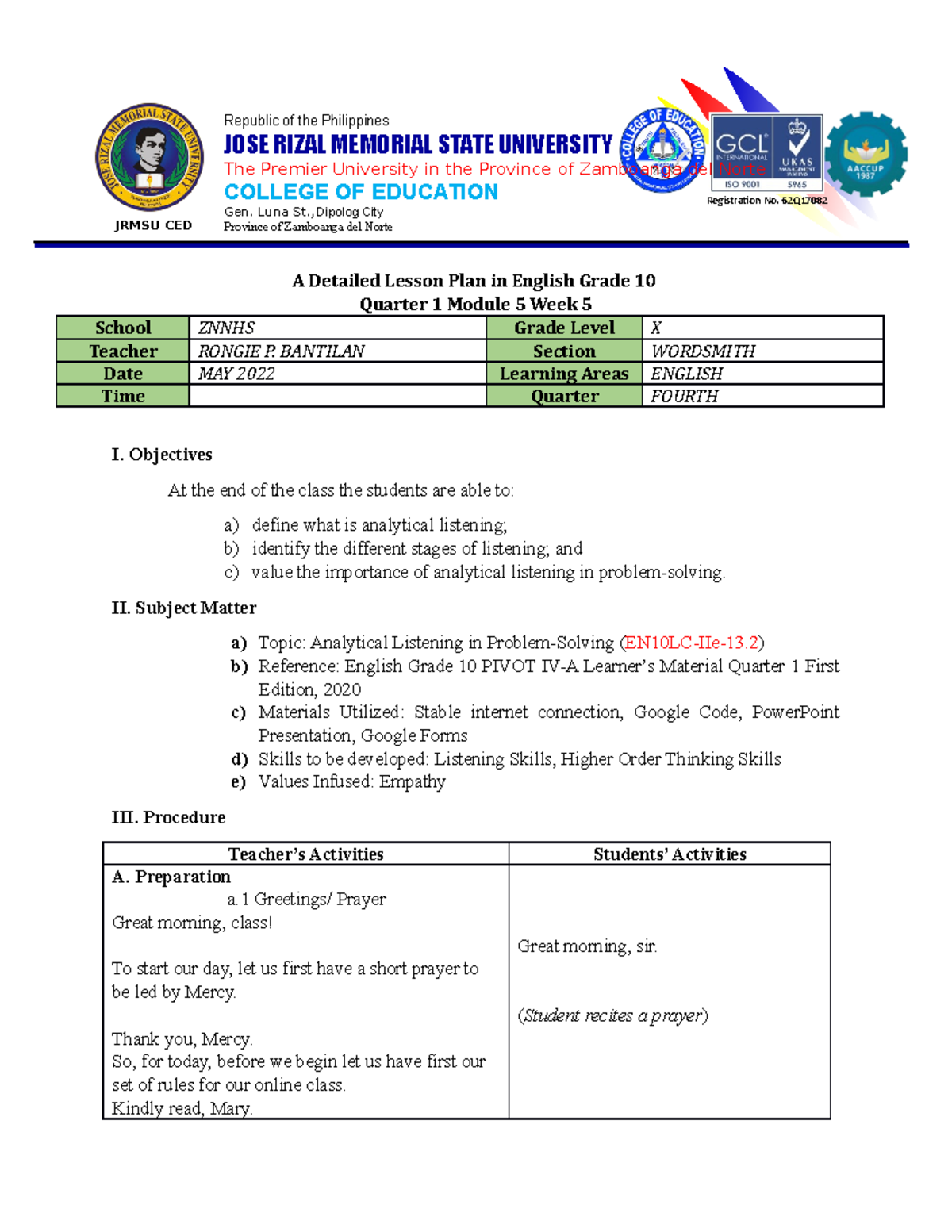 1st QW5M5 - Sample Lesson Plan - Republic of the Philippines JOSE RIZAL ...