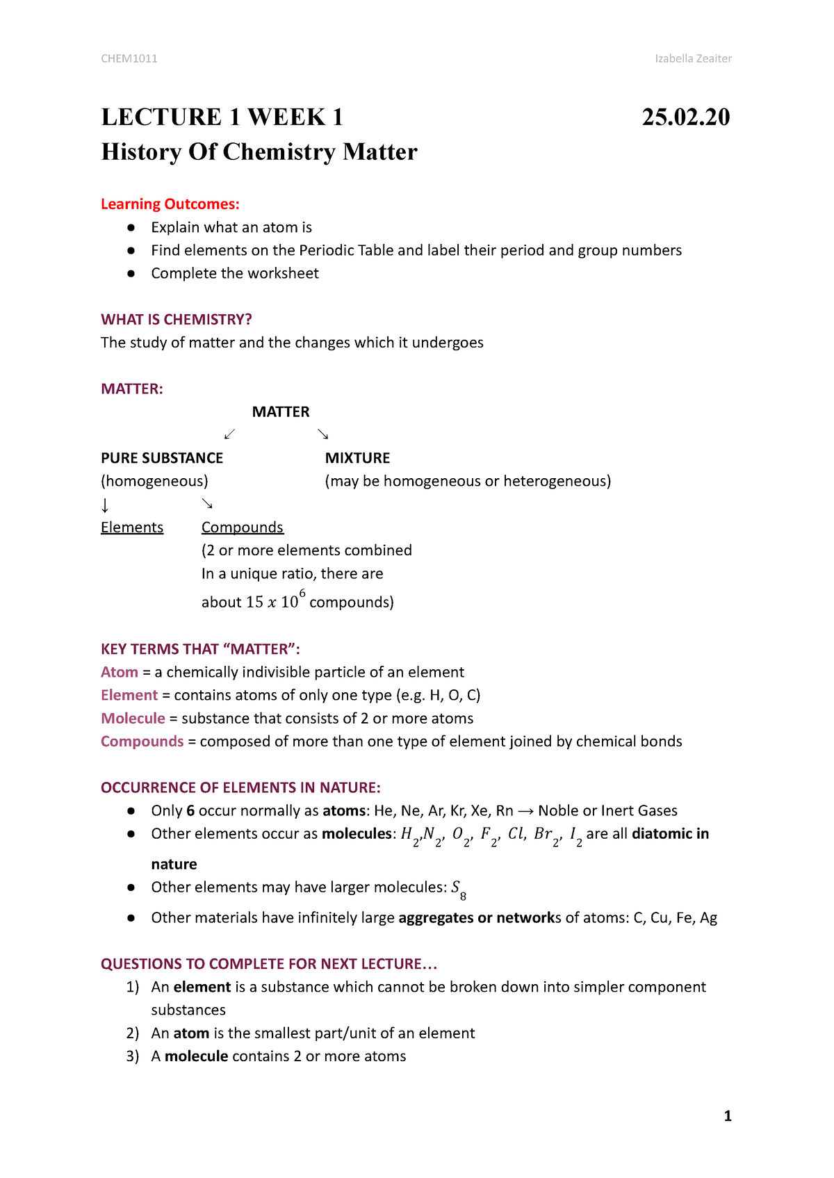 CHEM1011 - Full Notes - LECTURE 1 WEEK 1 25. History Of Chemistry ...