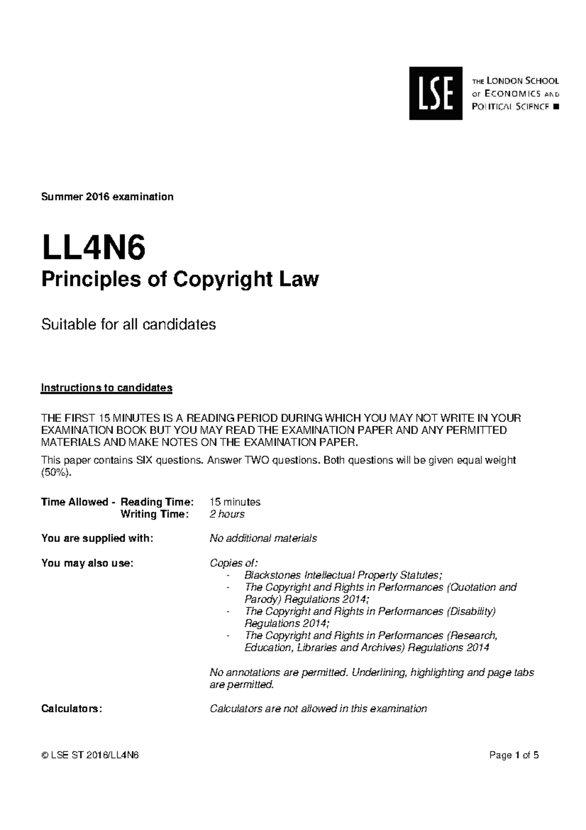 Past paper 15:16 - Summer 2016 examination LL4N Principles of Copyright ...
