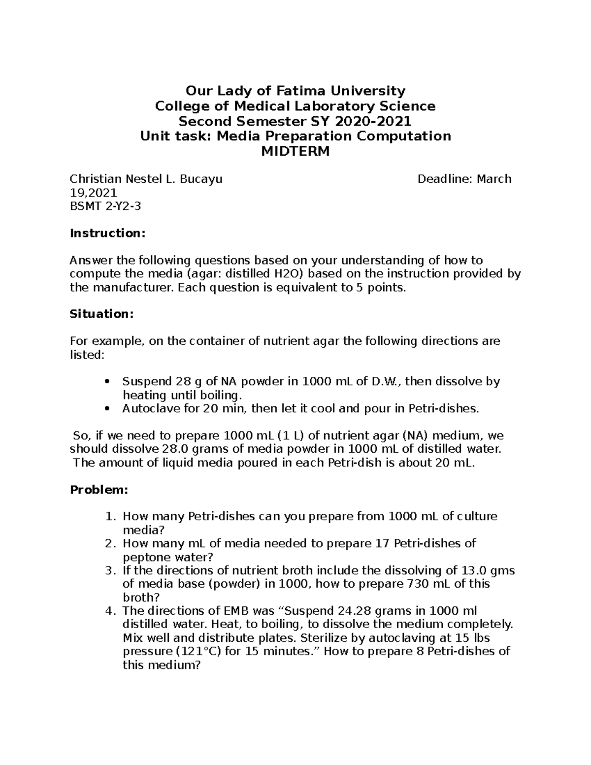 Unit task Media Preparation Computation - Our Lady of Fatima University ...