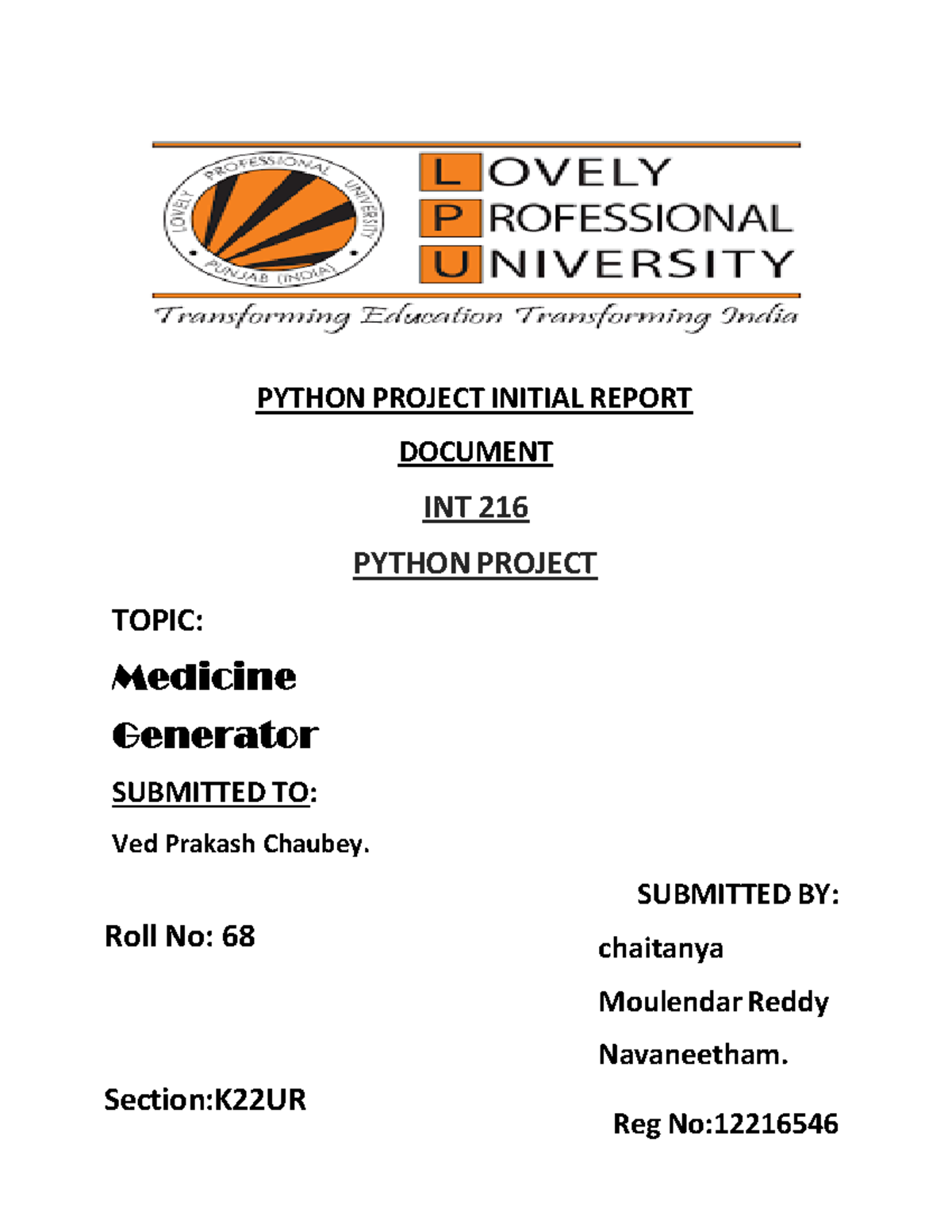 1 - good - PYTHON PROJECT INITIAL REPORT DOCUMENT INT 216 PYTHON ...