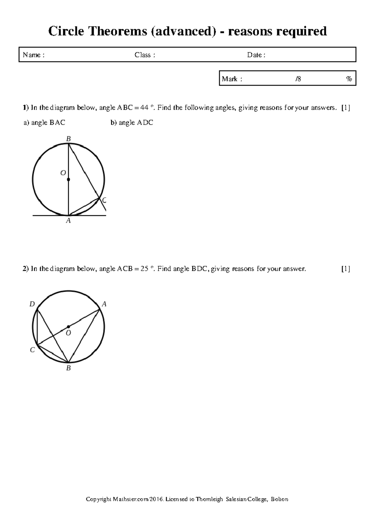 Circle theorems advanced - Find the following angles, giving reasons ...