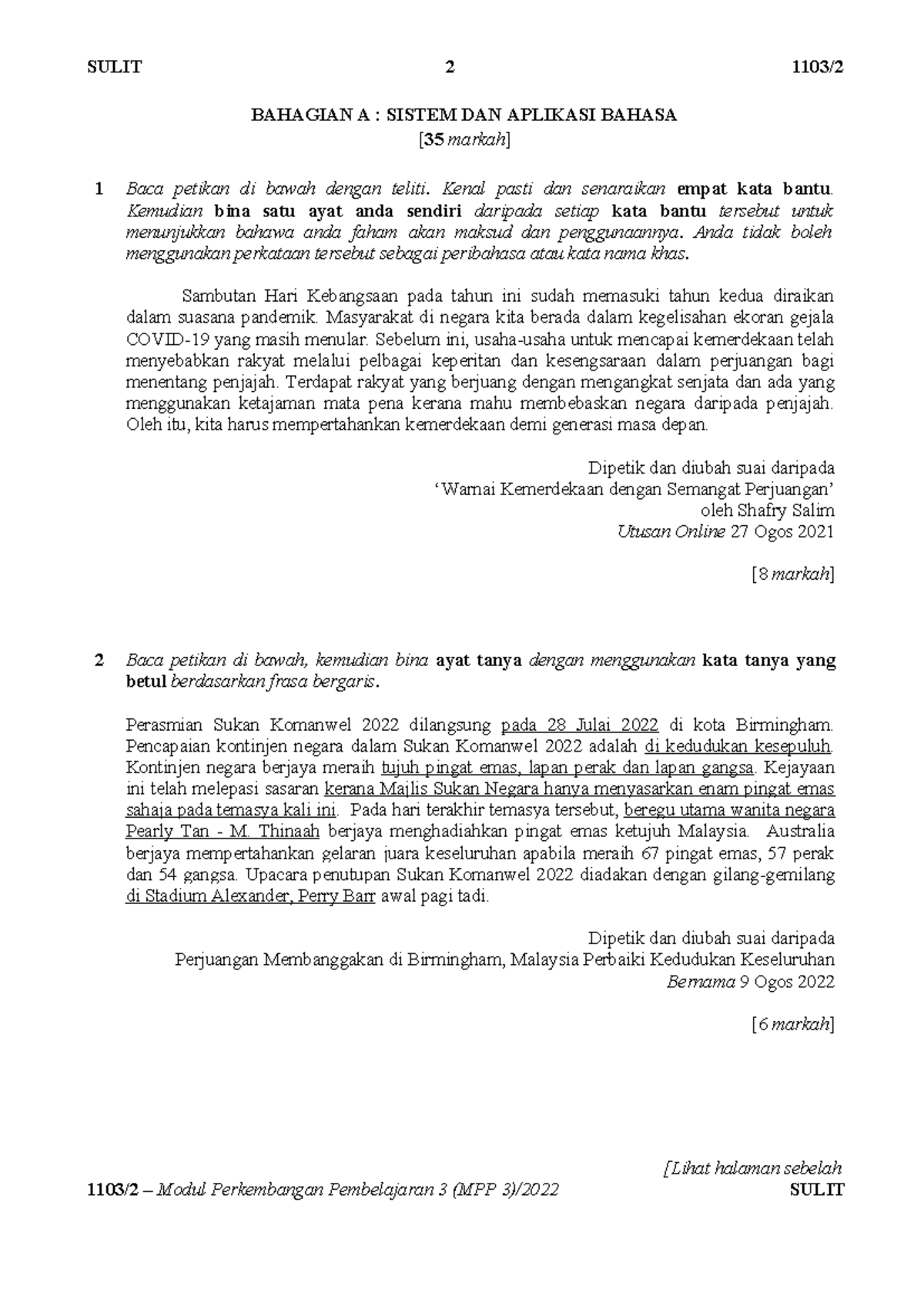 Terengganu K2 - Example paper - BAHAGIAN A : SISTEM DAN APLIKASI BAHASA ...