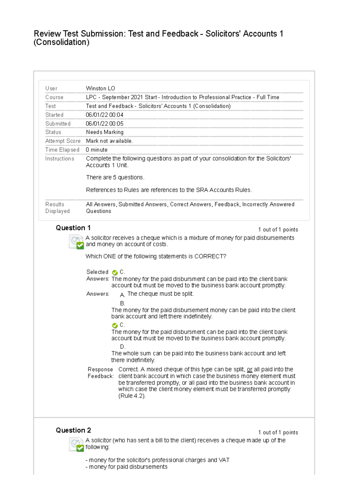 Solicitors Accounts 1 Consolidation MCQ Answers - Review Test ...