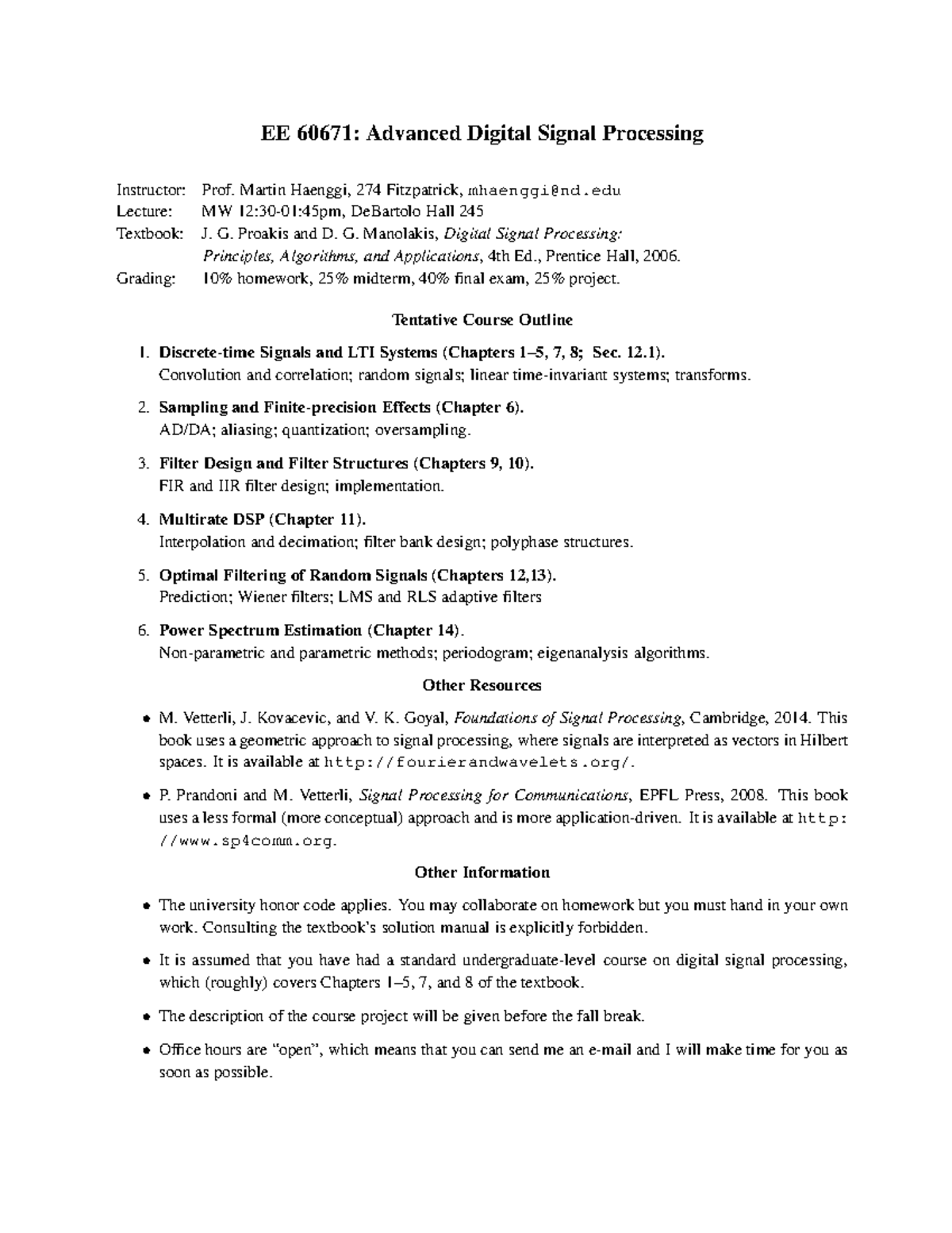 Syllabus Sylabus EE 60671 Advanced Digital Signal Processing
