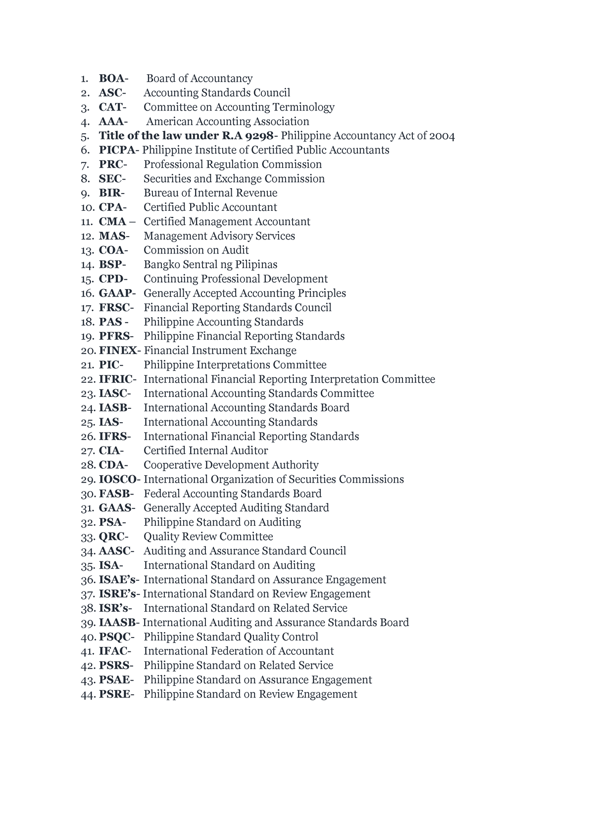 Acronyms- Acctng - AUDITING PSAs GAAP - BOA- Board of Accountancy ASC ...