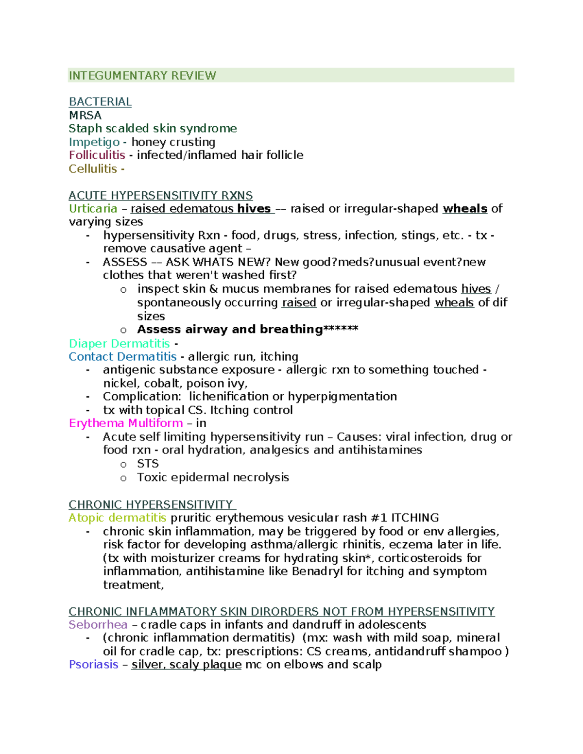 My notes Integumentary - INTEGUMENTARY REVIEW BACTERIAL MRSA Staph ...