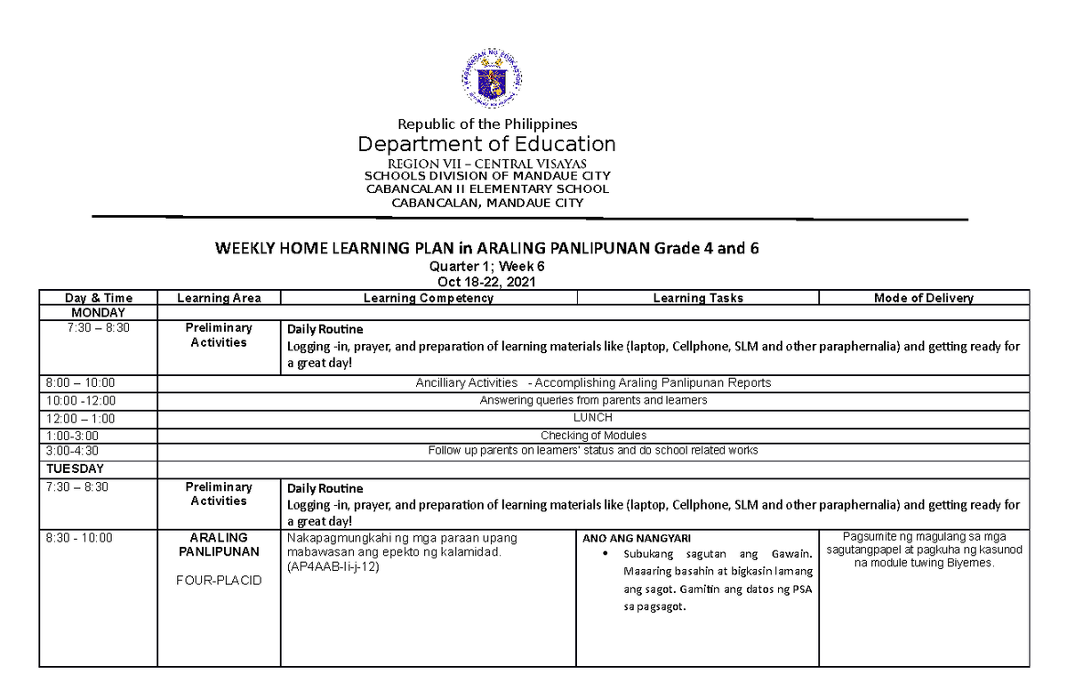 WHLP WEEK 6 AP 4 & 6 - A Weekly Home Learning Plan in Araling ...