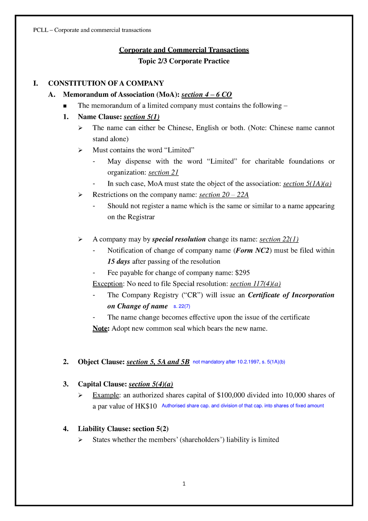 CCT1 revision] - Notes - Corporate and Commercial Transactions Topic 2/ ...