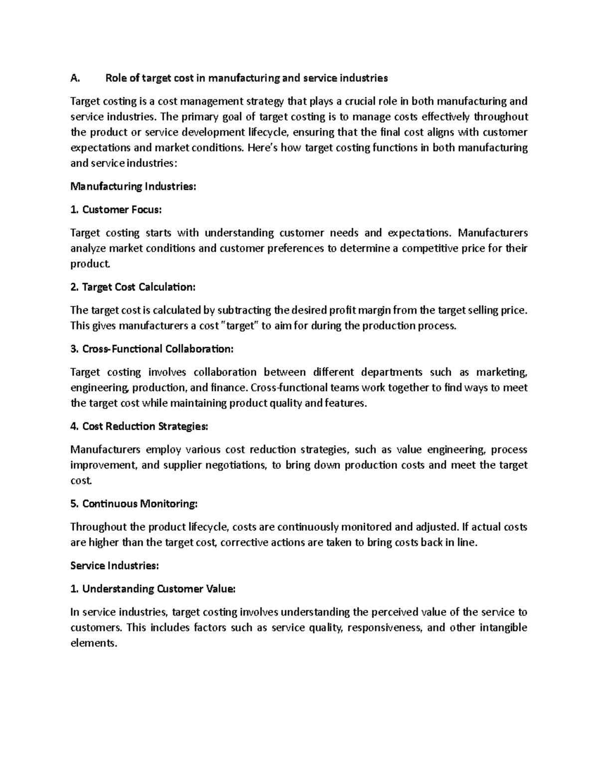 Target Costing and LCC - A. Role of target cost in manufacturing and ...