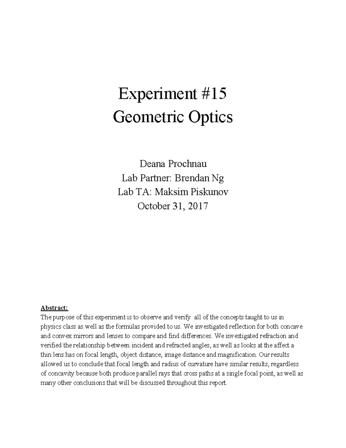 Lab Report 15 2 for colleges Experiment Geometric Optics Deana