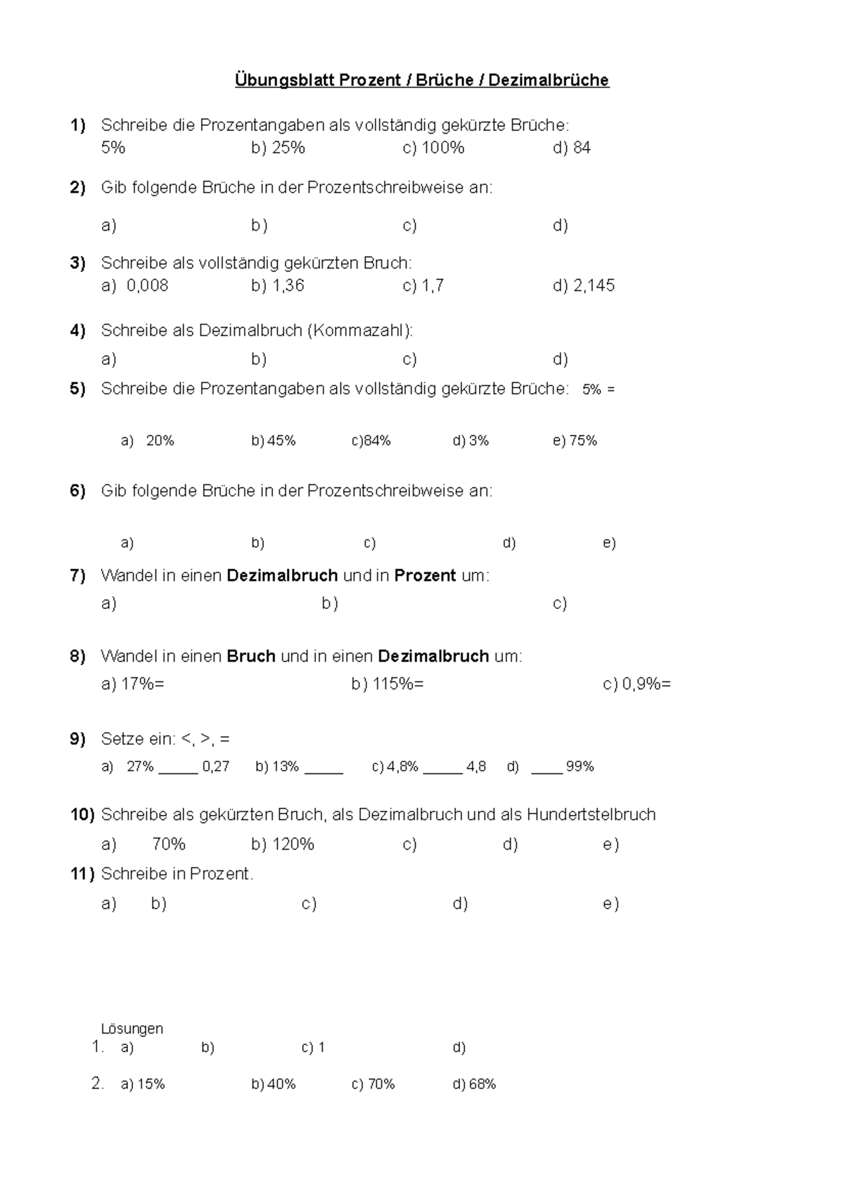 Brüche In Prozent Umwandeln übungen Pdf Brueche Dezimalbrueche Prozent - Übungsblatt Prozent / Brüche