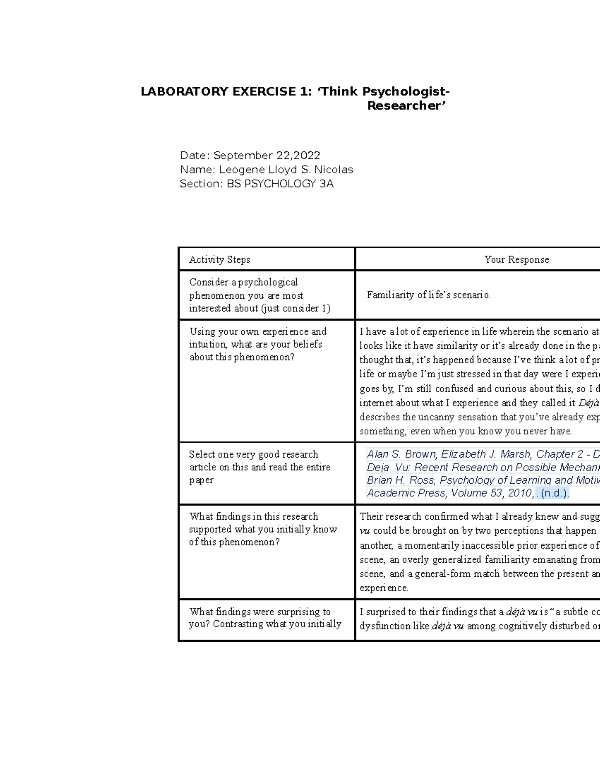 Lab 1 Think Psychologist Researcher - LABORATORY EXERCISE 1: ‘Think ...