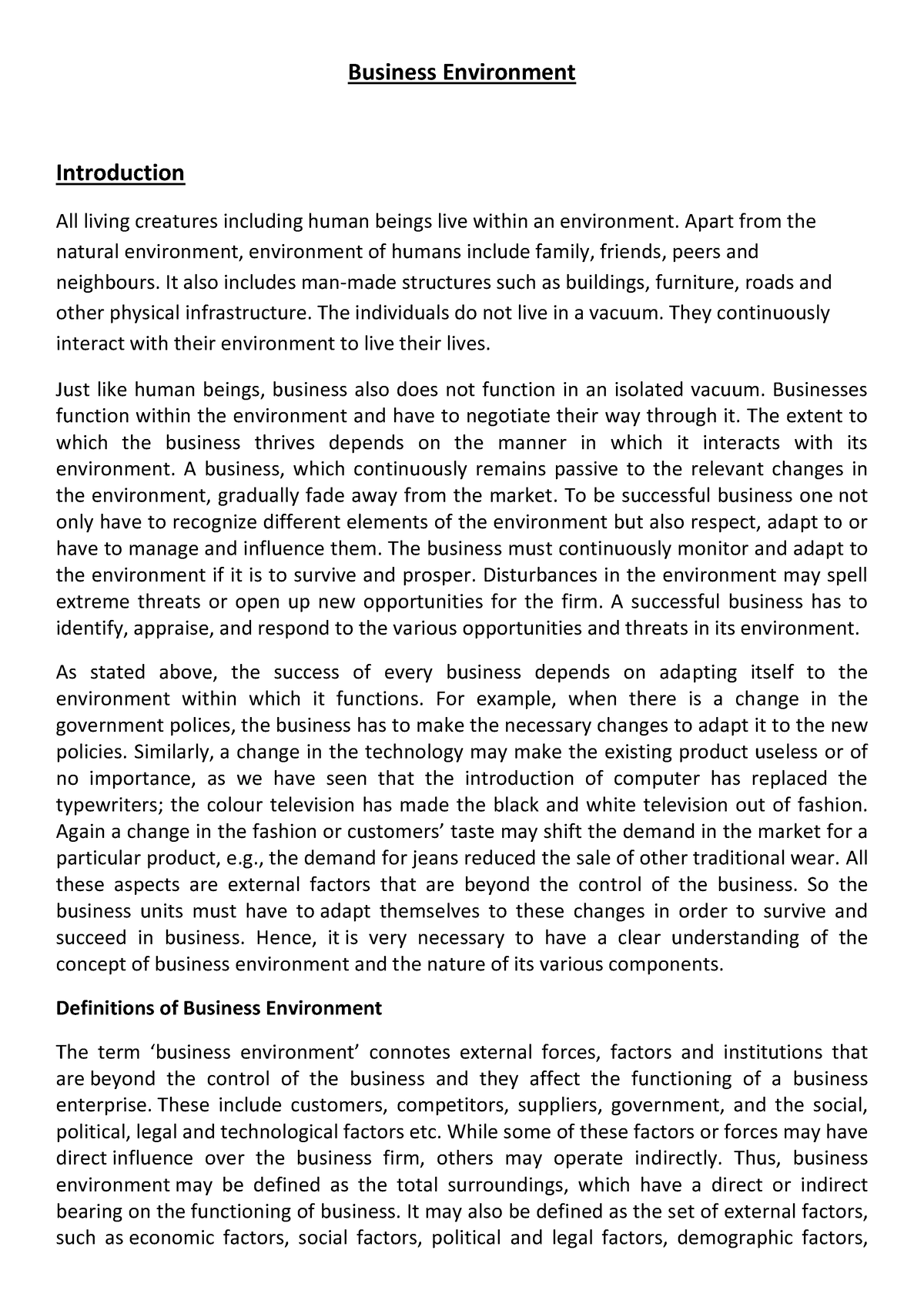 introduction for business environment essay