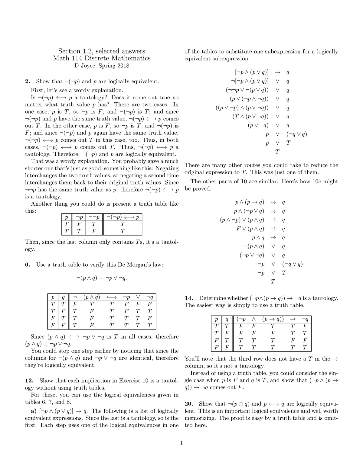 Exercise No 1.3 - Section 1, Selected Answers Math 114 Discrete ...