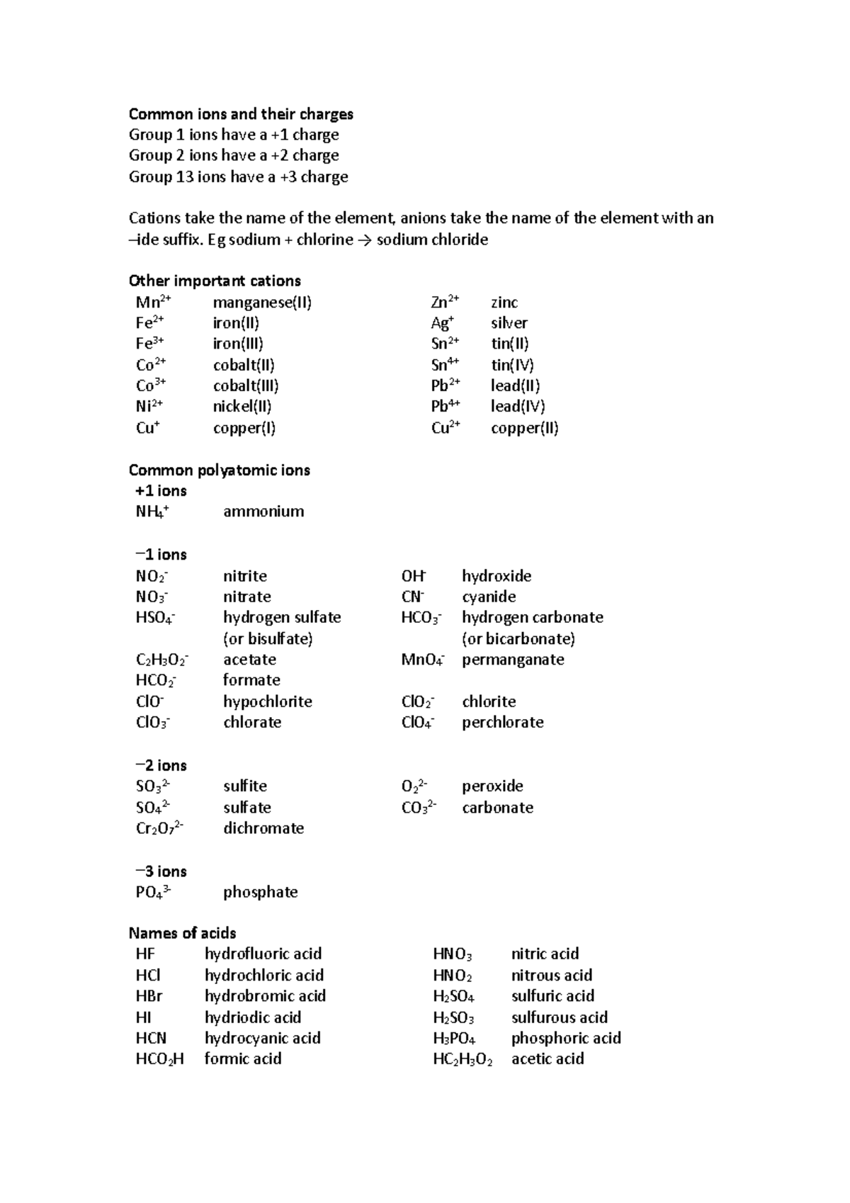 Common ions Eg sodium + chlorine → sodium chloride Other important