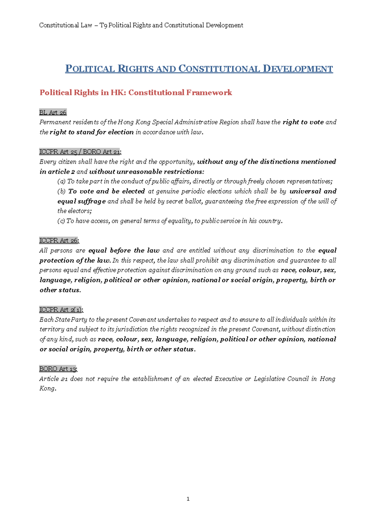 T9 - Political Right and Cons Development - Constitutional Law T9 ...