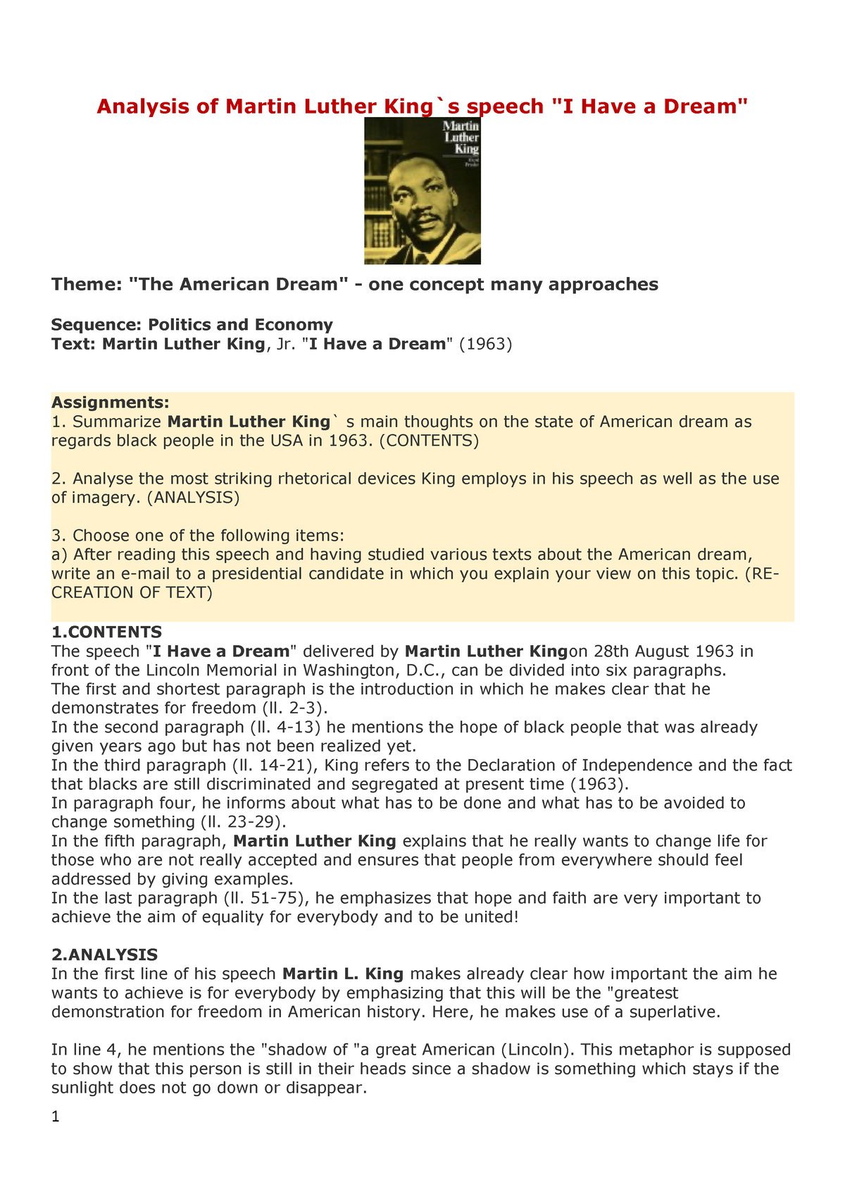 Analysis Of Martin Luther King - " I Have A Dream " (1963) Assignments ...