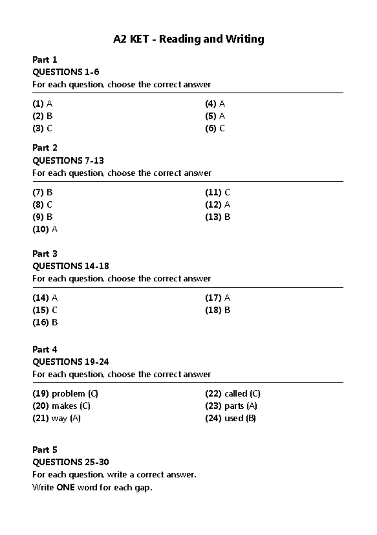 A2 KET Reading and Writing Write ONE word for each gap. Ex (0