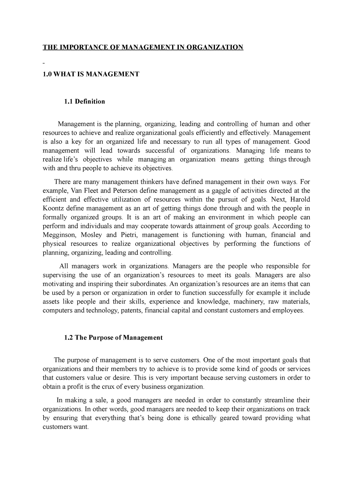 1 0 WHAT IS Management THE IMPORTANCE OF MANAGEMENT IN ORGANIZATION 1 