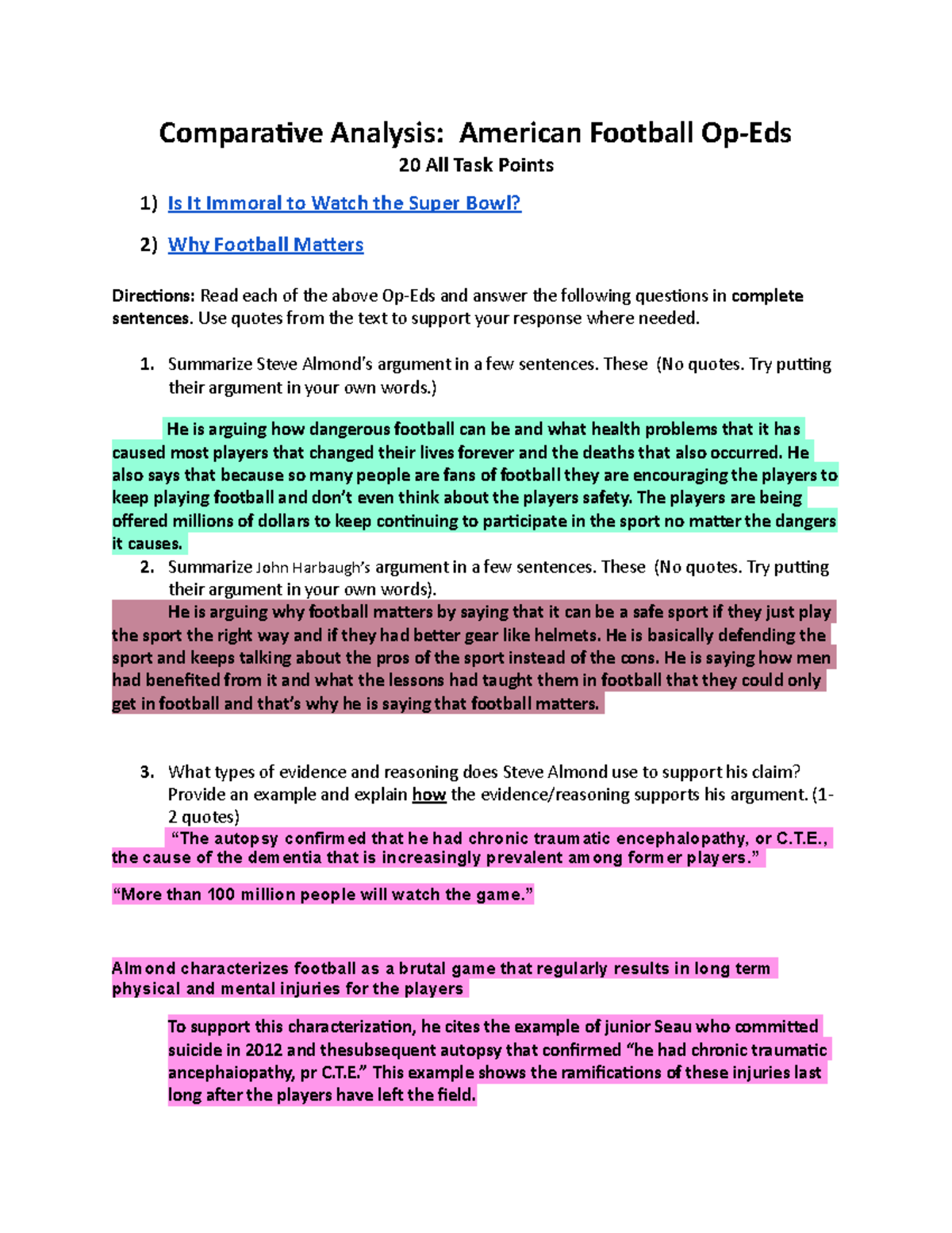 Comparative Analysis American Football Op-Eds - Use quotes from the ...