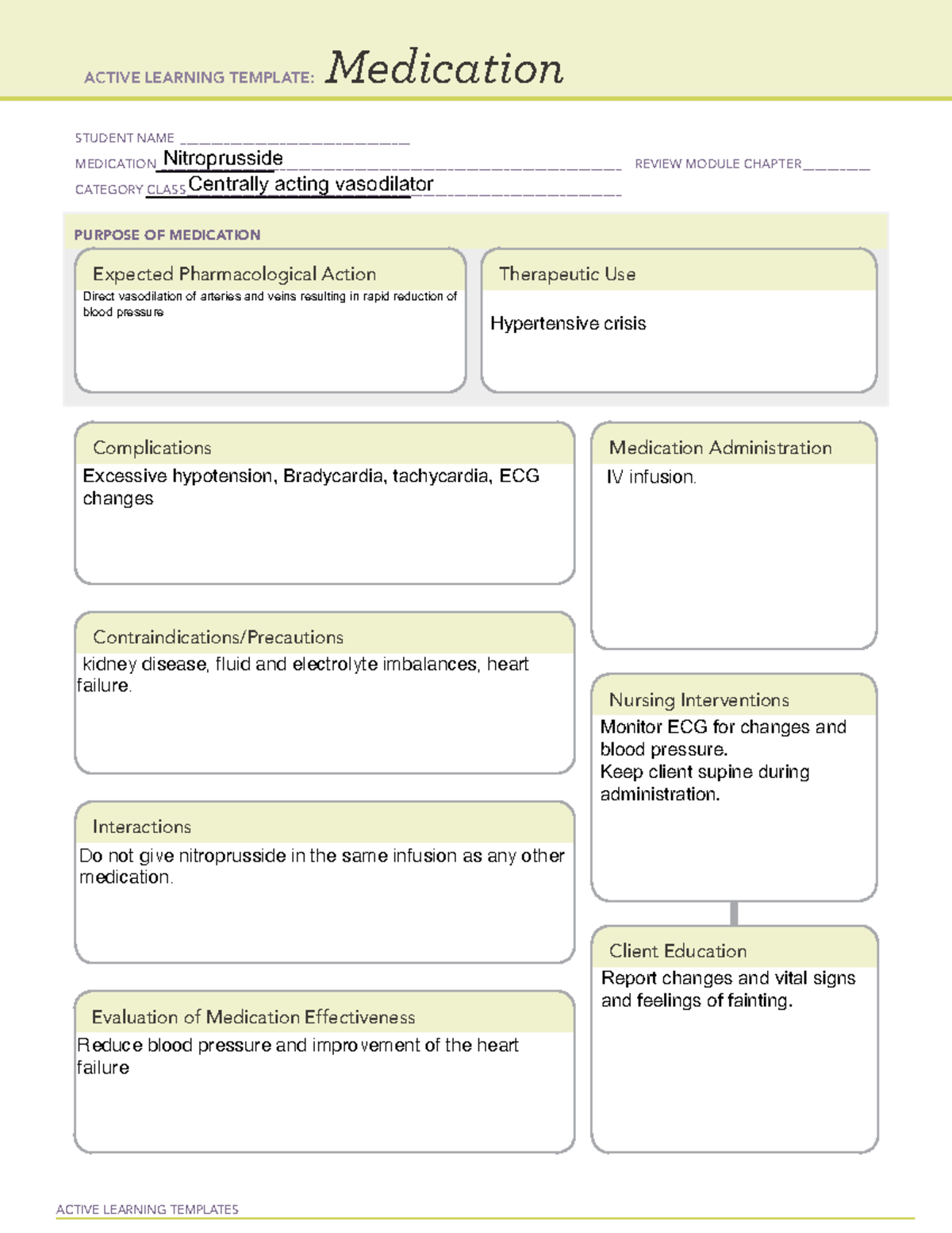 Medication cart Nitroprusside nur 601 Chamberlain University Studocu