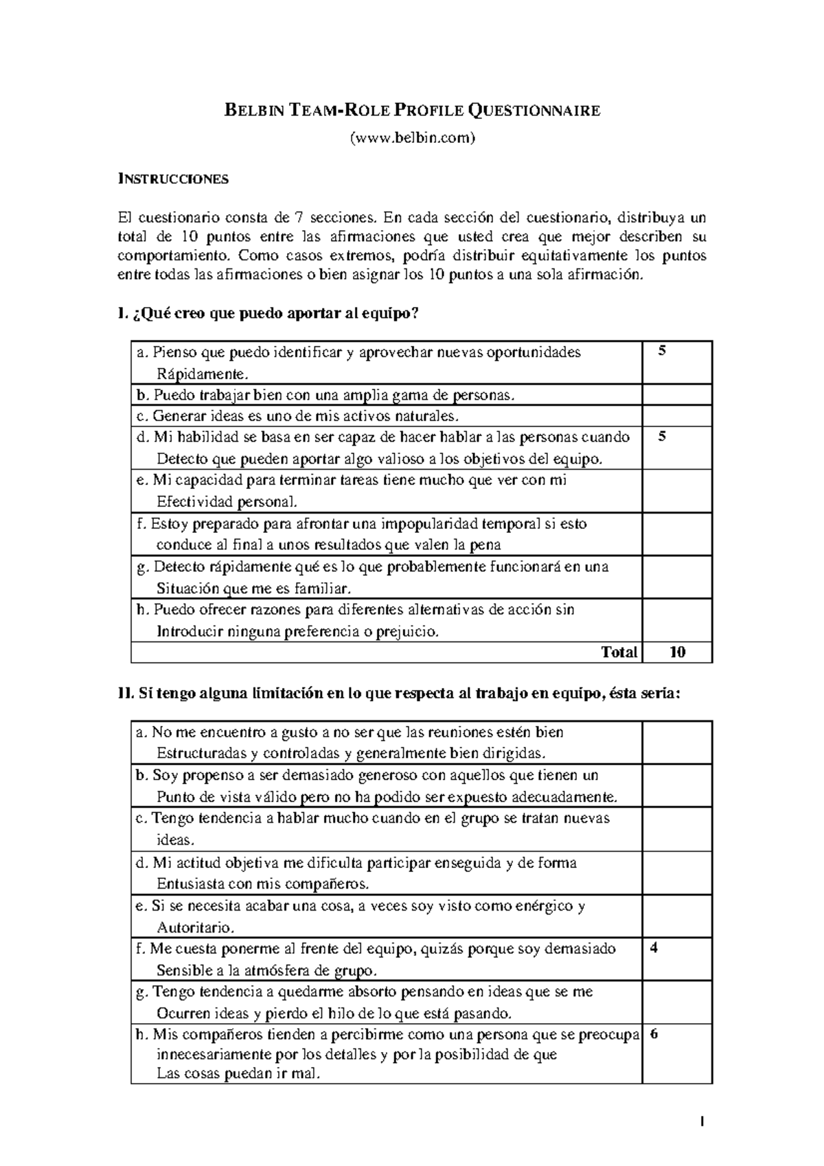 5° Producto 02 TEST Belbin - BELBIN TEAM-ROLE PROFILE QUESTIONNAIRE ...
