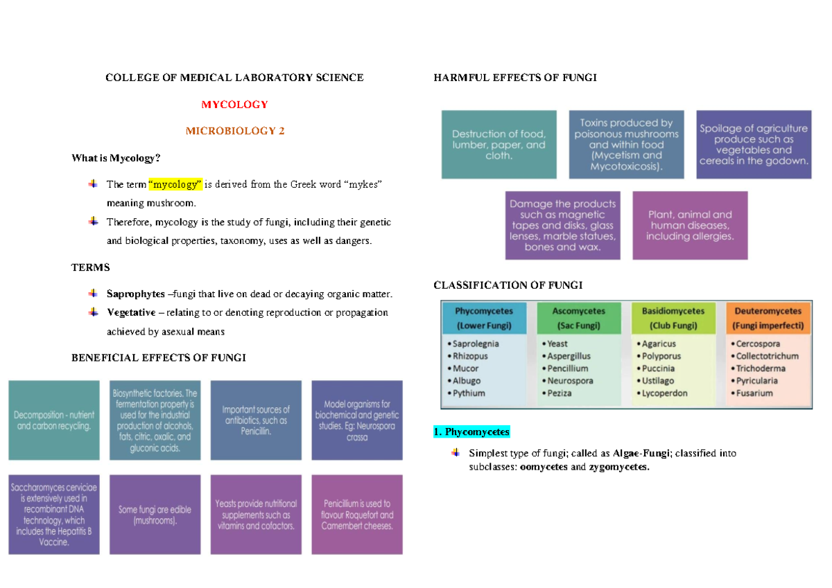 Mycology intro - COLLEGE OF MEDICAL LABORATORY SCIENCE MYCOLOGY ...