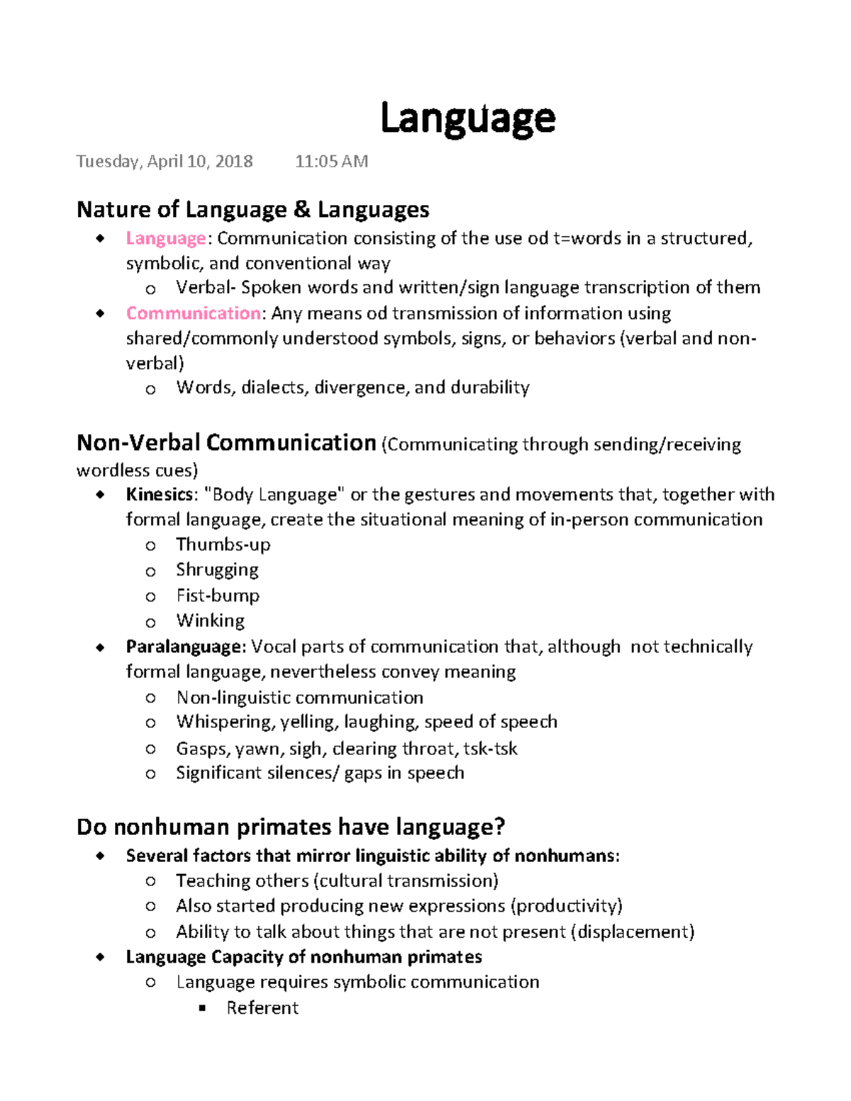 Language - Notes - Language Tuesday, April 10, 2018 11:05 AM Nature of ...