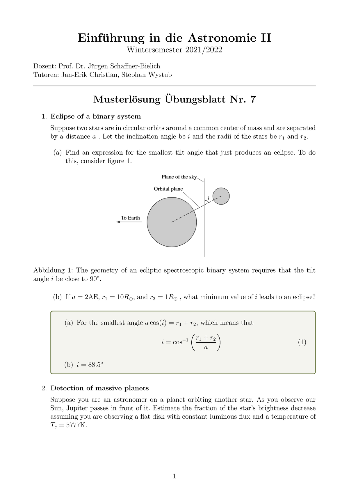 Blatt 07 Astro II Musterloesung Eng - Einf ̈uhrung In Die Astronomie II ...