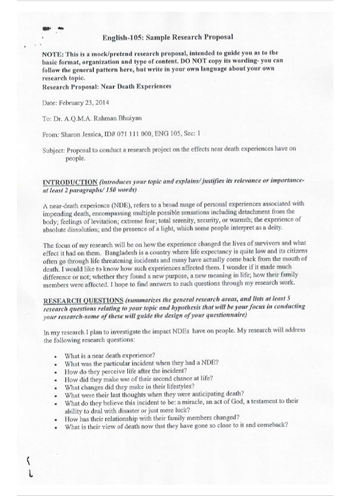 Sample Research Proposal - DO NOT copy its you can follow the general ...