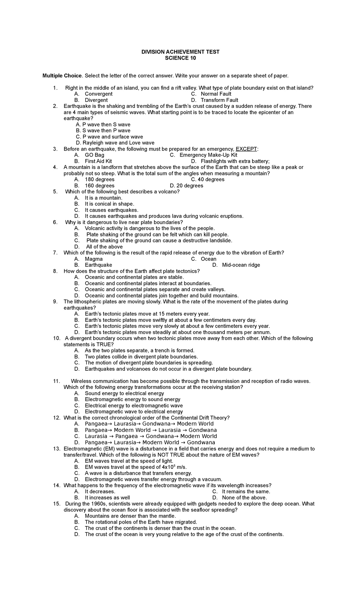 G10 Science round 3 Revised Diagnostic Test Pilot Testing - DIVISION ...