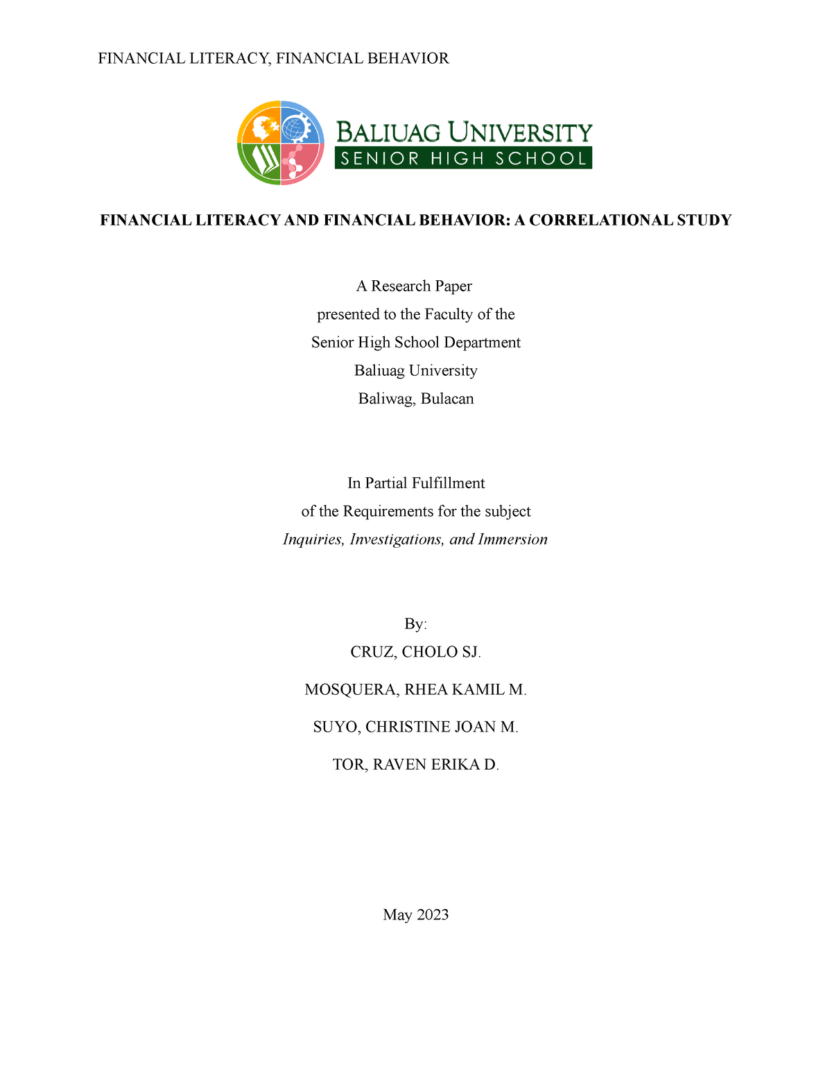 Financial Literacy and Financial Behavior A Correlational Study ...