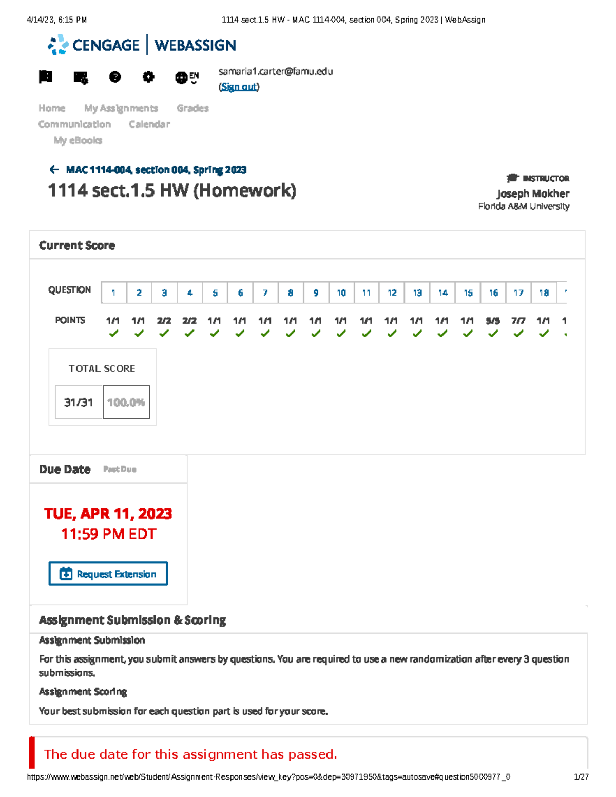 1.5 HW - Webassign Assignment - EN samaria1@famu (Sign out) MAC 1114 ...