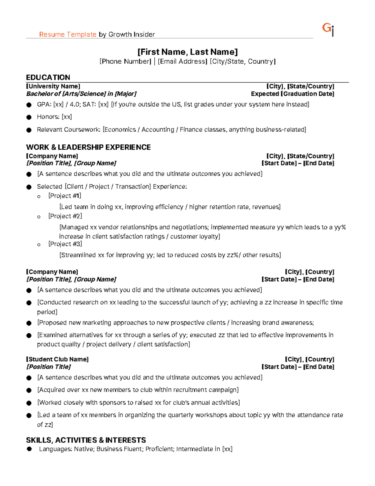 GI Resume Template - Non-experienced candidate - Resume Template by ...