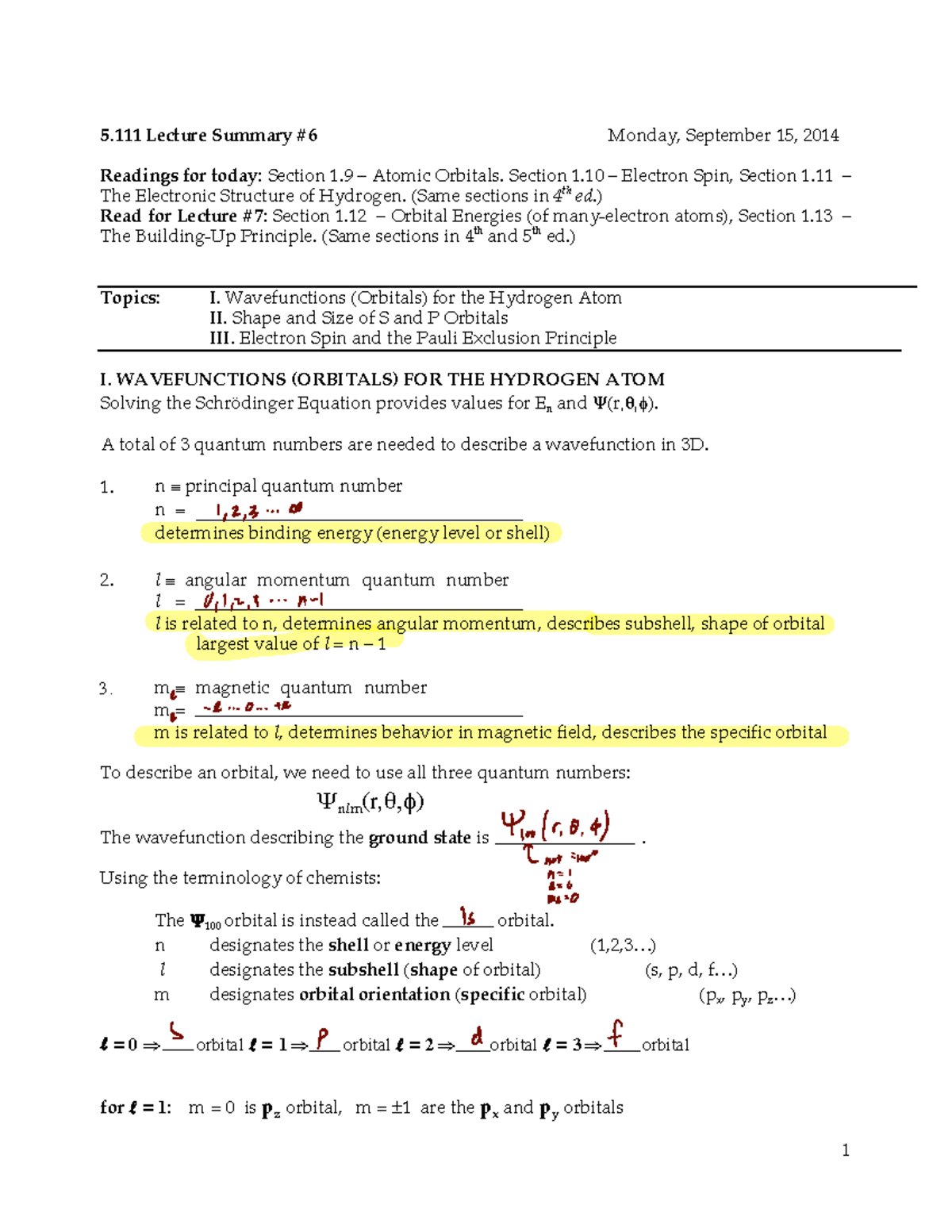 Intro To Quantum - 5 Lecture Summary #6 Monday, September 15, 2014 ...