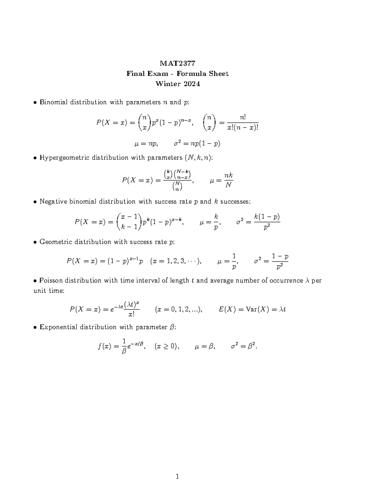 Mat2377 Final Exam Formula Sheet and Tables - MAT Final Exam - Formula ...